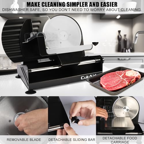 Meat Slicer, 200W Electric Meat Slicer Machine for Home Use, Deli Food Slicer, Meat Cutter Machine, Dishwasher Safe, Removable Blade & Food Carriage and Pusher, 7/8 Inch Adjustable Thickness