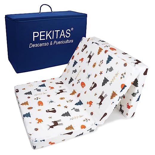 PEKITAS Colchón De Viaje Plegable 60x120 cm Grosor 6 cm Incluye Bolsa Transporte Bebé Cuna Funda Lavable Transpirable Estampado Jungla
