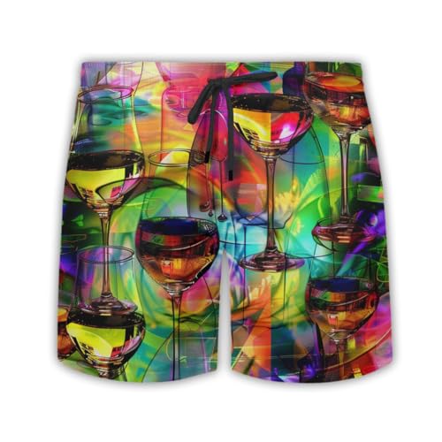 Wine Glass Mens Swim Trunks - Red Wine Hawaiian Mens Swim Short Beach Shorts TU-SH-37