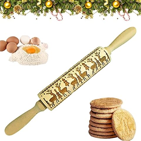 Christmas Embossed Rolling Pin Wood Embossed Rolling Pins Wooden Rolling Pins with Christmas Patterns for Baking Cookies Cakes Pastry Dough Pie Xmas New Year Gift (F) Cover
