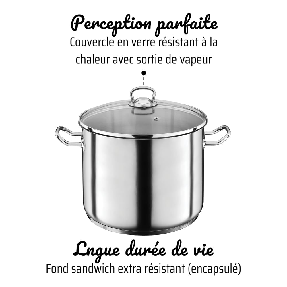 GSW Grande marmite Professionnelle – Grand Pot XXL pour Soupe, pâtes et ragoût, idéale pour Les familles et la gastronomie – Acier Inoxydable, 28 cm, 15 litres