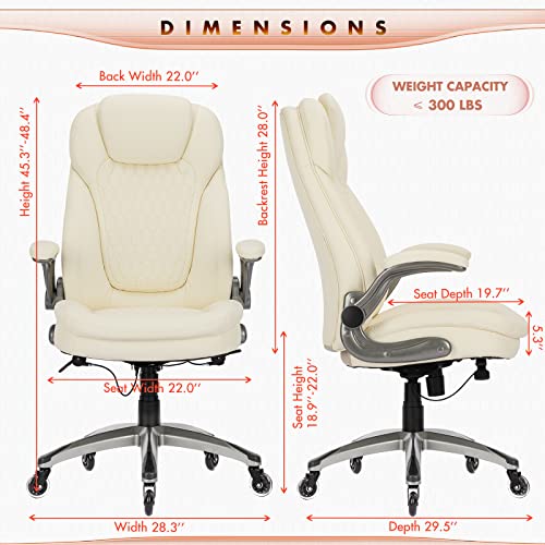 Image of COLAMY Ergonomic High Back Office Chair, Ivory Bonded Leather Executive Desk Chair with Flip-up Arms, Thick Cushion, Silent Nylon Wheels, Adjustable Height & Rocking Function, 300lbs Capacity