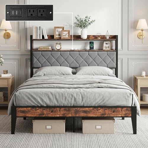 Luviyoo King Bed Frame with Upholstered Headboard, Modern Metal Platform Bed with 2-Tier Storage Shelves and Charging Station, Heavy Duty Slats Support, No Box Spring Needed, Easy Assembly