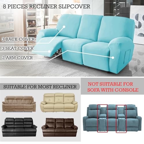 Image of HOKIPO 'SereneSolids' 140 GSM Recliner Stretch Sofa Slipcover 3 Seater Fully Covered 8-Piece Set Machine Washable Furniture Protector with Elasticity for Kids Pet, Sky Blue (AR-4742-SBLU)