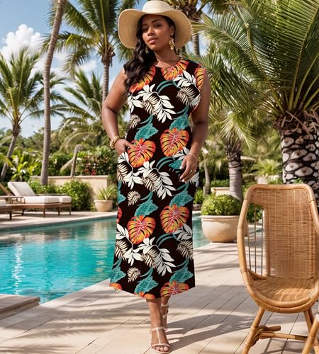 Image of UOUA Women Summer Maxi Dresses Plus Size Casual Hawaiian Sundress Sleeveless Loose Split Beach Dress with Pockets