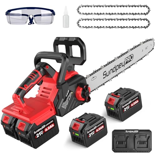 SundpeyPRO 16 Zoll Akku Kettensäge, 42V Elektro Kettensäge mit 2 * 4000mAh Akku, 1980W Bürstenloser Motor, 40CM Schwert, Automatischer Ölung, Werkzeugloser Kettenspannung, für Brennholz & Baum