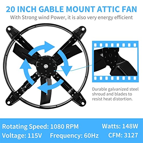 20 In. Black Cfm High Speed Shutter Exhaust Fan With Adjustable Temperature Thermostat Metal #TOP3