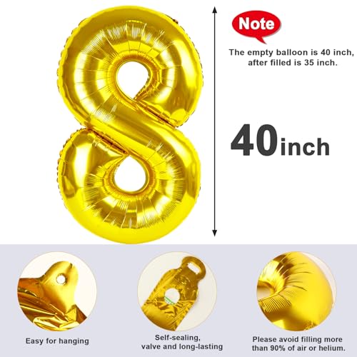 Image of Number 8 Balloon Birthday Decorations, 40In Gold Balloons for Men Women | Eye-catching Appearance, Perfect Decorative Centerpieces, Convenient Self-sealing Structure, Widely for Various Occasions