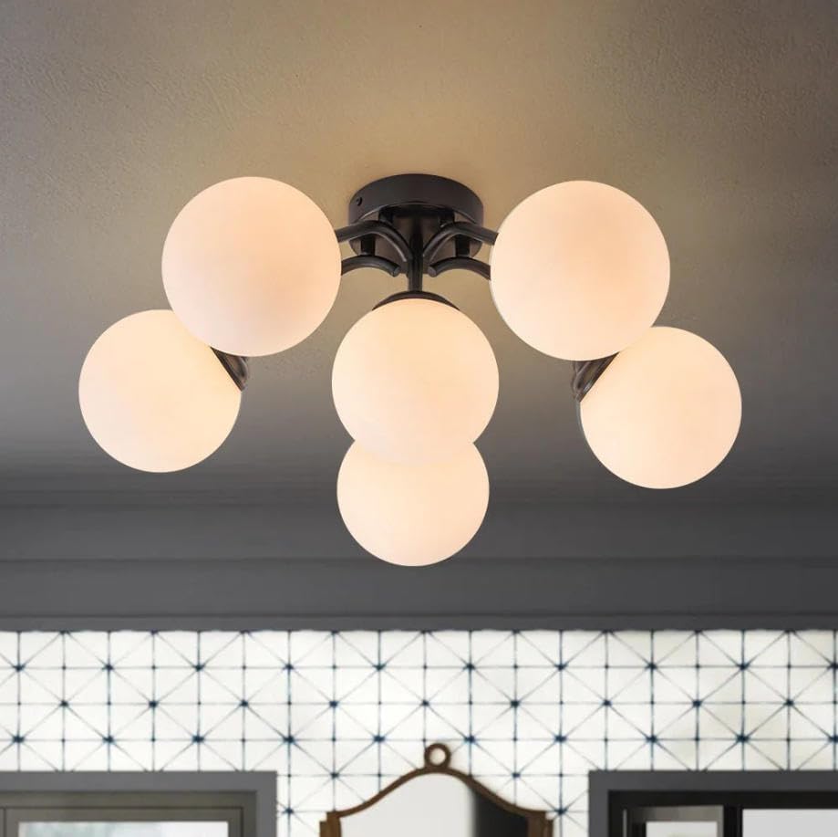 Sputnik Bubble Chandelier, Modern Semi-Flush Mount Ceiling Light Fixture with Brushed Brass Finish and Milky White Glass Globes, Dimmable for Living Room Dining Room Bedroom (Black, 6 Light)