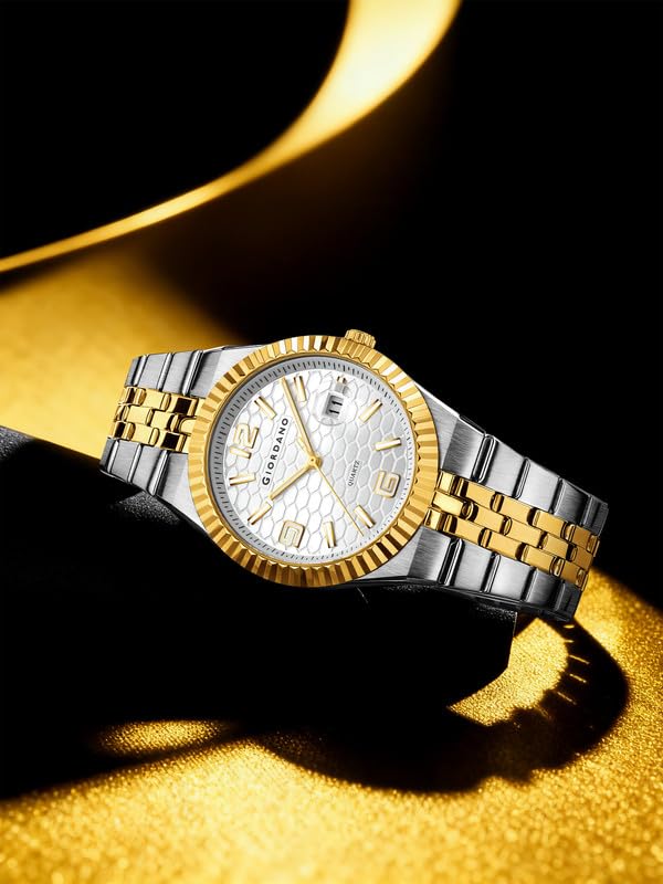 Image of Giordano Analog Watch for Men with Honeycomb Dial, Fluted Bezel, Date Window & Luminous Hour Markers and Stainless Steel Strap - GZ-50172