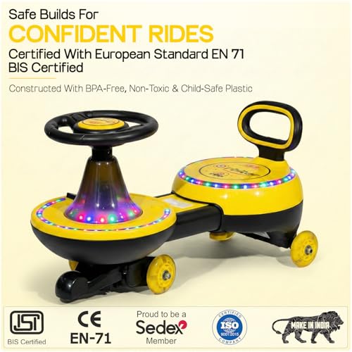 Image of Toyzone Orbiter Electric Magic Car (Yellow) | Rechargeable Ride On with 12V 4.5 AH Battery | Colourful LED Lights & Music | Made in India | 6M Battery Warranty | Age 2-10 Years, Upto 30 KGs