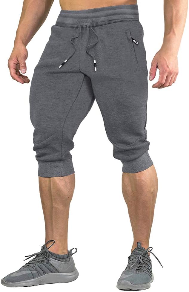 Men's Cotton Casual Shorts 3/4 Jogger Capri Pants Breathable Below Knee Short Pants with Three Pockets