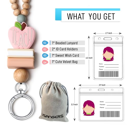 Image of Teacher Lanyard Lanyards for ID Badges Keys Women Wood Silicone Beaded Lanyard with ID Holder Work Jewelry