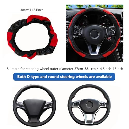 KOOLEVER ﻿﻿Car Steering Wheel Cover, Universal Steering Wheel Cover, 37-38cm/14.5-15inch, Black-Red Anti-slip Carbon Microfiber, Breathable Car Accessory Steering Wheel Protector Cover