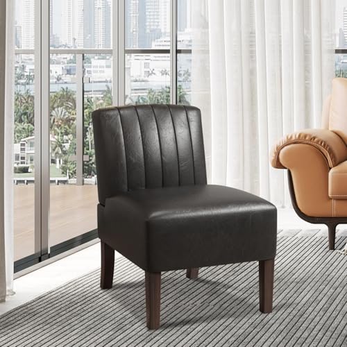 Armless Accent Chairs Upholstered Dining Chairs Living Room Chairs with Solid Wood Legs Leather Reading Chair for Adults Comfy Chair for Bedroom Vanity Kitchen (Black)