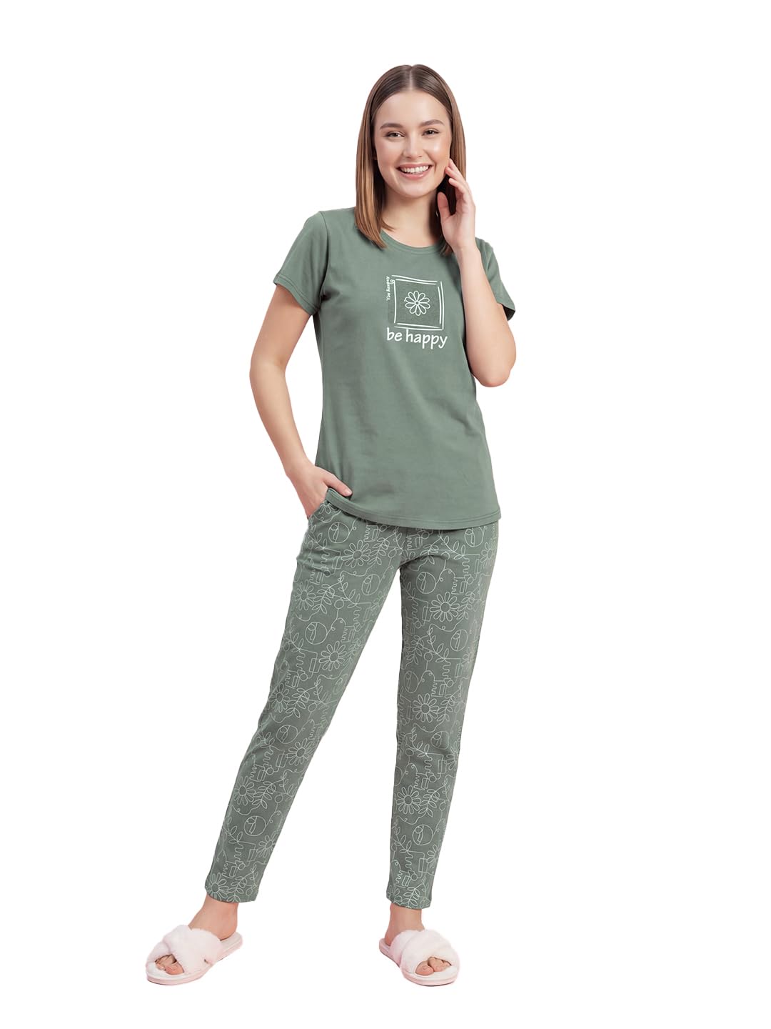 Women's Pure Cotton Nature Printed Night Suit | Floral Printed T-Shirt & Pyjama Set | Soft Round Neck Sleepwear-picture-54