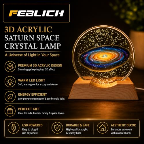 Image of 3D Acrylic LED Night Light - Warm White & Saturn Space Design with Durable Plastic Base, Decorative Table Lamp for Bedroom, Living Room, Kids Room, Study & Home Decor Gifting
