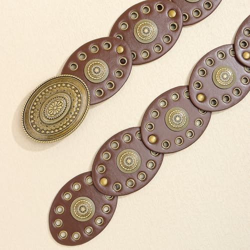 Western-Wide-Disc-Cowboy-Belt for Women - Vintage Oval Cowgirl-Boho-PU-Leather-Belt for Dress Jeans3