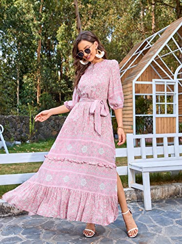 Image of Women Boho High-Waist Floral Print Maxi Dress 3 /4 Sleeve Casual | Soft Rayon, Breathable, Quick-Dry. High-Waist with Adjustable Belt, Flattering Hem. Ideal for Beach, Work & Dating.