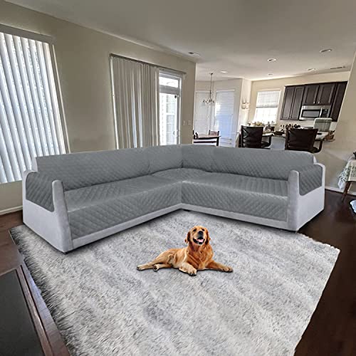 Aliecom Corner Sectional Sofa Cover 3 Piece Water Resistant Soft Thick Quilted L Shaped Couch Covers For Dogs Anti Slip U Shape Slipcovers Set Living Room Pet Furniture Protector (Dark Gray, Large) #TOP1