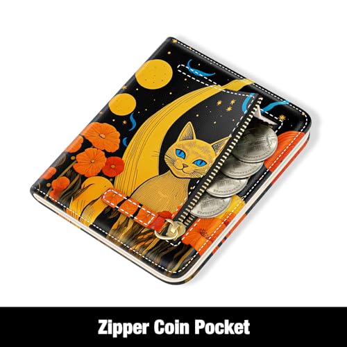 Image of Rouidr Womens Wallet, RFID Small Slim Wallet for Women, Cute Bifold Leather Pocket Credit Card Holder Ladies Mini Purse with Zipper Coin Pocket & ID Window, Golden Cat