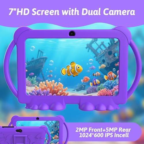 Image of HOTTABLET Android 12 7 Inch Kids Tablet 4GB RAM 32GB ROM 512GB Expansion Parental Control WiFi Bluetooth Dual Camera with Silicone Case 1PC (Purple)