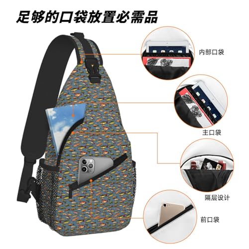 Bolsa de pecho cruzada elegante con estampado de señuelos de pesca 6