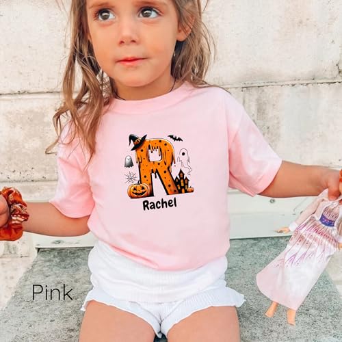 Personalized Halloween Kids Shirt - Custom Name Letter T-Shirt, Pumpkin and Haunted House Design, Halloween Gifts for Children4