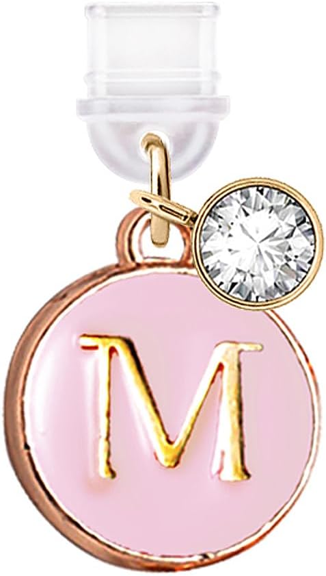 TP13 Type-C Charging Port Anti Dust Plug Round Initial letter M Cell Phone Charm for Samsung/OnePlus/Xiaomi/oppo New Android Phone iPhone 15/16 (Pink)