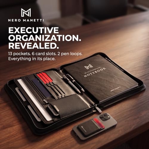 Image of NERO MANETTI- Zippered Vegan Leather Padfolio /Portfolio Pad Holder-Business PU Leather Notepad Folder for Resumes, Interviews, iPad /Tablet, Phone, Legal Pad Notebook Executive Binder for Women, Men