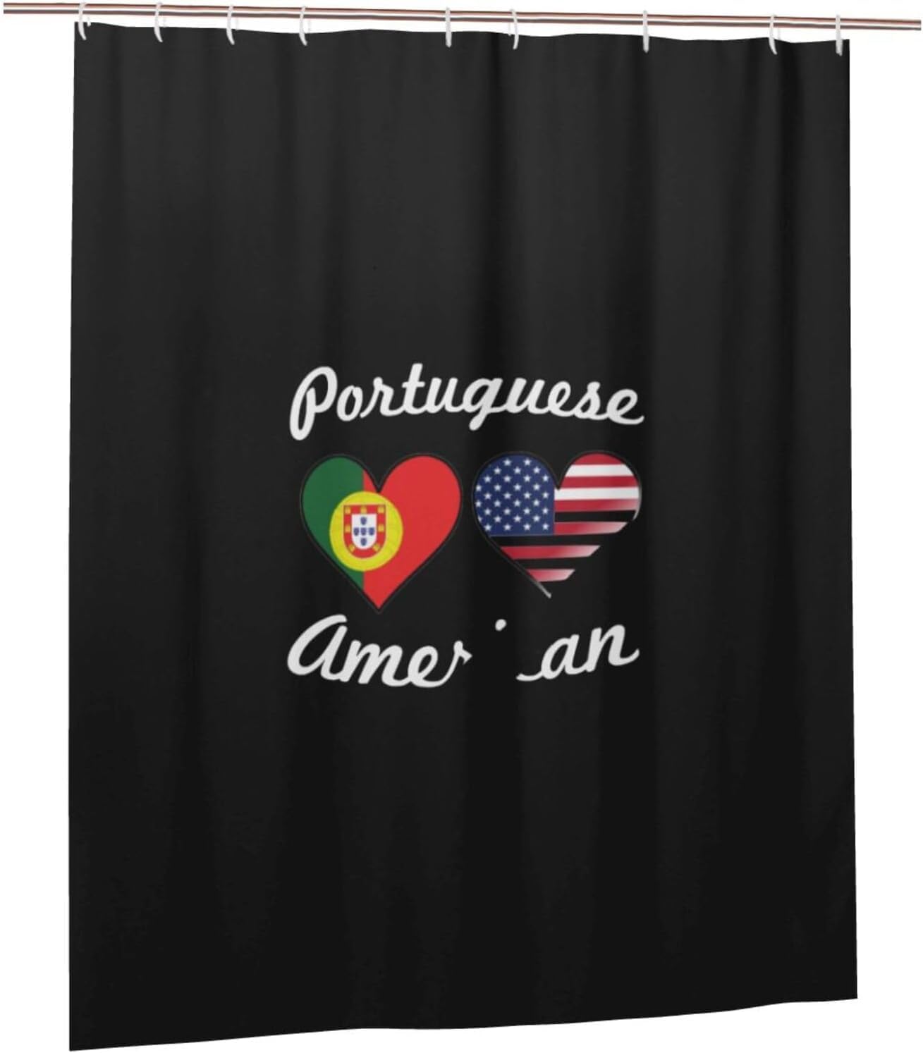 Fpandawang Portuguese American Flag Hearts Bathroom Fabric Shower Curtain with 12 Buckles and Hooks, Washable, Waterproof, 60x72 Inches