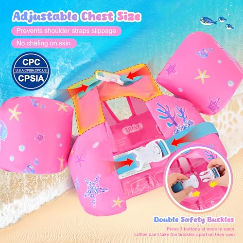 NEMONE Toddler Swim Vest for 22-70 lbs Kids Floaties Swim Jacket with Arm Water Wings for Girls Boys 2 3 4 5 6 9 Years Old Sea Beach Pool (Pink Mermaid) — view 3