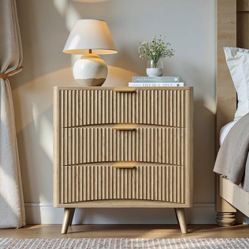 Image of Evermagin 31.5 inch W Large Fluted Nightstand with 3 Drawers | Mid Century Modern Bedside Table for Bedroom, Wide Side Tables Living Room, Oak
