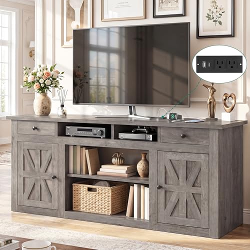 YITAHOME Farmhouse TV Stand with Storage Cabinets for 65" TV, Washed Gray