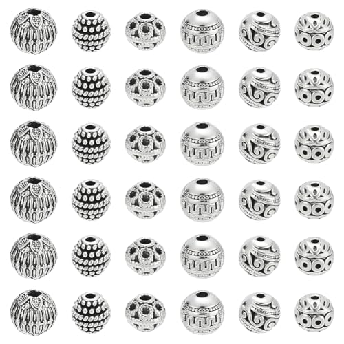 CRAFTYMELODY 60 piezas 6 estilos de perlas espaciadoras redondas de plata antiguas perlas de aleación tibetana de 8/8.5/9/9.5mm abalorios de metal perlas a granel bola tallada