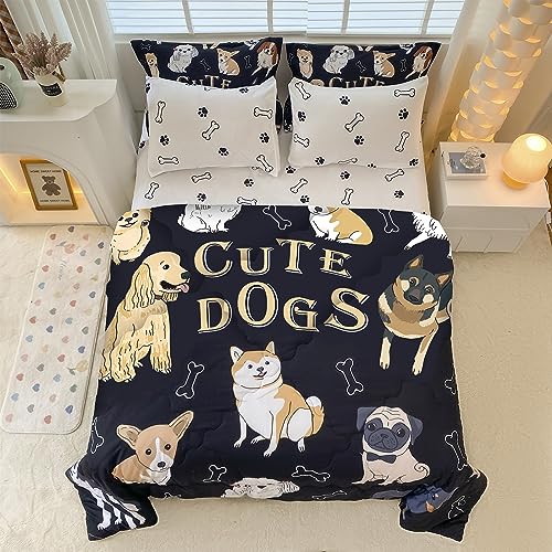 Wajade Kids Dog Comforter Set Full Size Bed in a Bag for Girls Boys, 7 Pieces Cute Animal Puppy Printed Bedding Set Includes Comforter, Flat Sheet, Fitted Sheet, Two Pillowcases & Shams