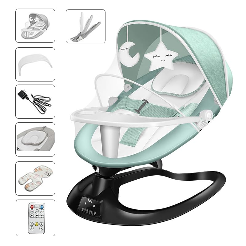Hamaca eléctrica para bebé, plegable, balancín eléctrico de 0 a 12 meses, hasta 15 kg, 5 velocidades balanceo, temporizador de 3 pasos, con Bluetooth y mando a distancia Bluetooth para smartphone