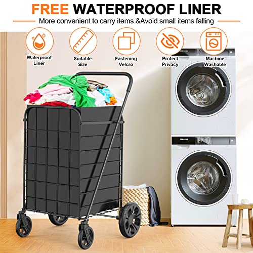 Shopping Cart For Groceries,Extra Large Grocery Cart With Waterproof Liner And 360° Swiveling Wheels Collapsible Shopping Carts, Portable Lightweight Utility Cart For Condo Laundry #TOP3