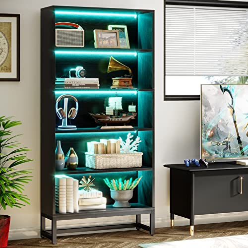 Image of Tribesigns Tall Bookcase Black Bookshelf, 70.8 inch Large Bookcases Organizer with LED Lights, Heavy Duty Free-Standing Library Bookshelf with 5-Tier Storage Shelves for Living Room, Bedroom (Black)