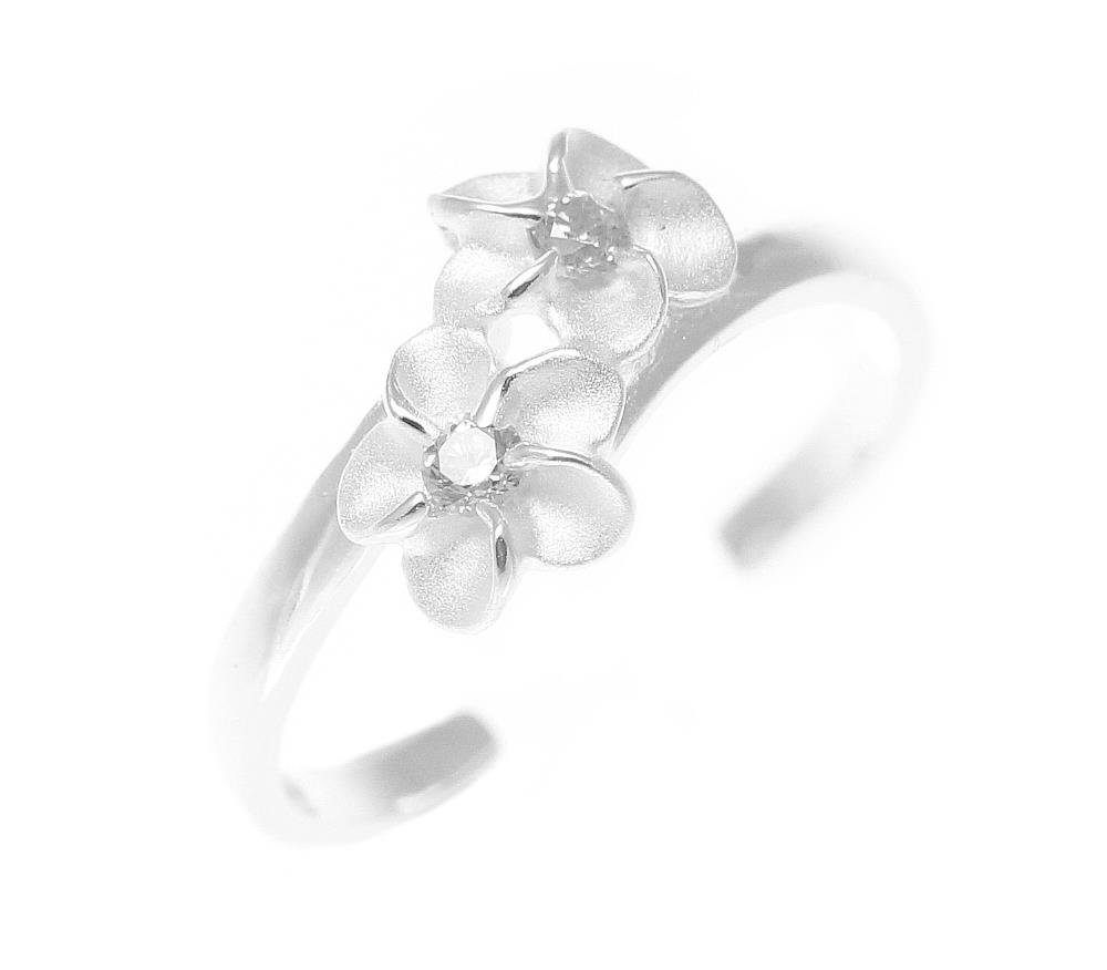 Arthur's Jewelry 925 sterling silver Hawaiian double plumeria flower white cz open toe ring
