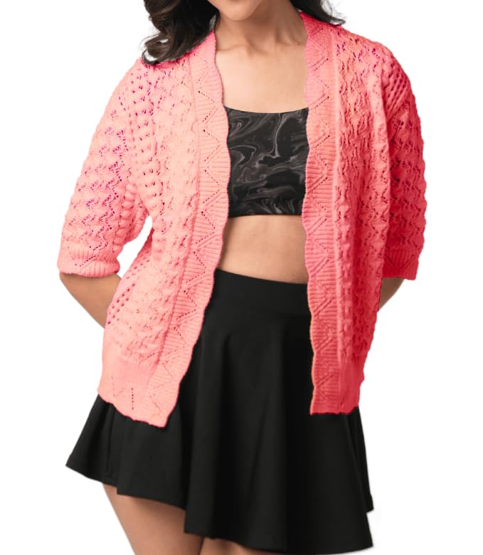 Image of Novella Women's Short Sleeve Cardigan Open | Front Lightweight Summer Sweater | Casual Loose Fit | Coral Color Cardiagn Medium Size