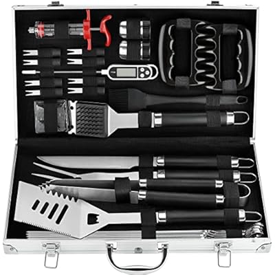 POLIGO 26PC Exclusive BBQ Grill Accessories in Aluminum Case for Birthday Christmas Grilling Gifts - Premium Grill Utensils Set with Barbecue Claws, Meat Injector, Thermometer for Smoker, Camping