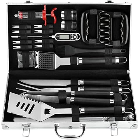 POLIGO 26PC Exclusive BBQ Grill Accessories in Aluminum Case for Birthday Christmas Grilling Gifts - Premium Grill Utensils Set with Barbecue Claws, Meat Injector, Thermometer for Smoker, Camping BBQ Cover