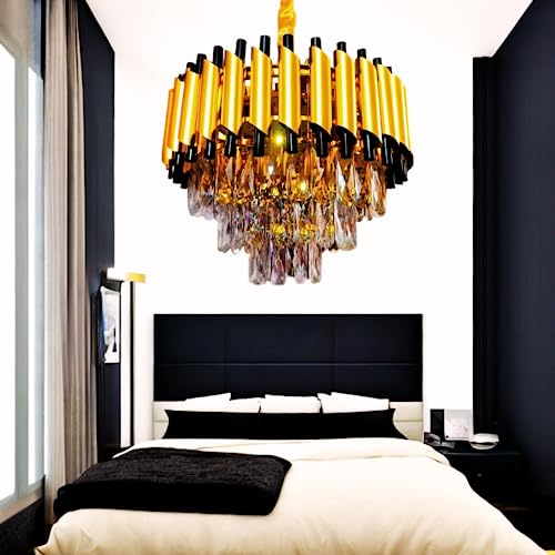 Image of DREAMY DESIGNS Chandelier Lights for Ceiling Black Gold 400 MM 3-Tier K9 Crystal Chandeliers for Living Room 3 Mode LED Light Warm White for Hall Modern Jhumar Designer Bedroom and Dining Room
