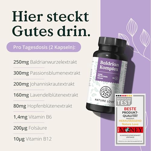 NATURE LOVE® Baldrian Komplex – 90 Kapseln ohne Melatonin – mit Johanniskraut, Passionsblume, Folsäure, Lavendelblüte & B-Vitaminen – vegan