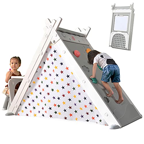 Merax Foldable Triangle Climber, 4-in-1 Kids Hideaway Play Tent with Art Easel and Stool, Climbing Triangle Crawling Toy Activity Play Set for Toddlers (White)