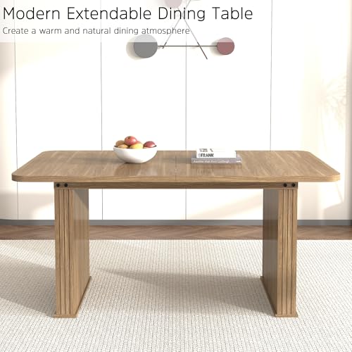 Image of 78.74 inch Extendable Dining Table for 6 8 10 Person, Farmhouse Rustic Expandable Table Large Rectangle Wooden Expanding Table with Fluted Pedestal Base for Kitchen Dining Meeting Room Small Space, Brown