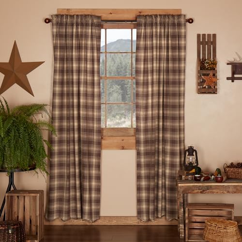 VHC Brands Woodland Brown Rustic Curtains Dawson Star Rod Pocket Cotton Tie Back(s) Plaid Panel Pair