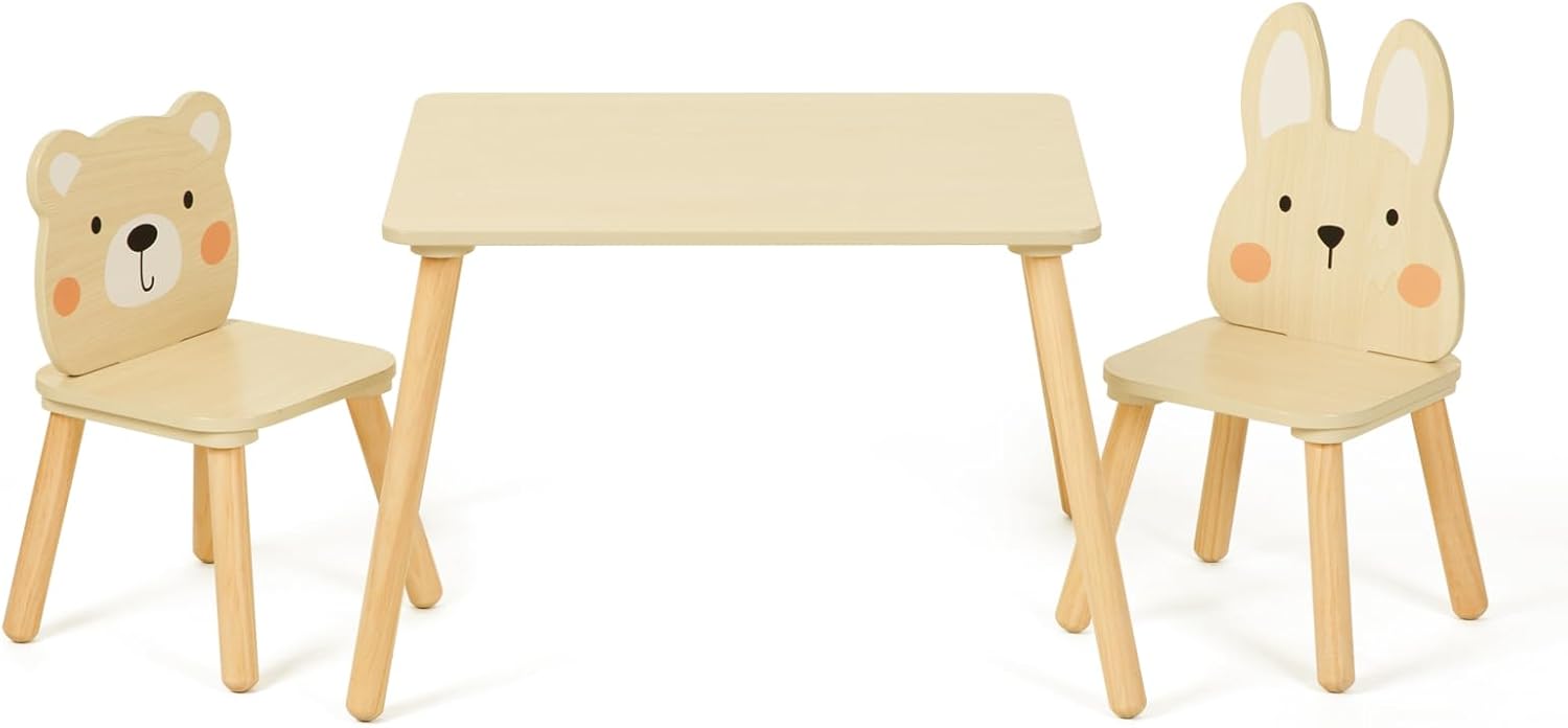 OOOK Kids Wood Table and Chair Set with one table and two animal-themed chairs (bear and rabbit)