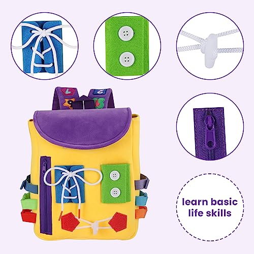 Image of Busy Board - Toddler Backpack with Buckles and Learning Activity Toys - Develop Fine Motor Skills and Basic Life Skills - Learn to Tie Shoes - Children's Travel Toy (Yellow)